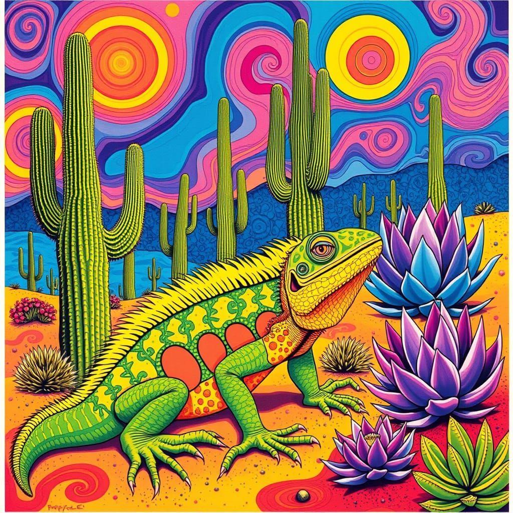 Iguana in Mexican Desert: Psychedelic 60s Poster Art
