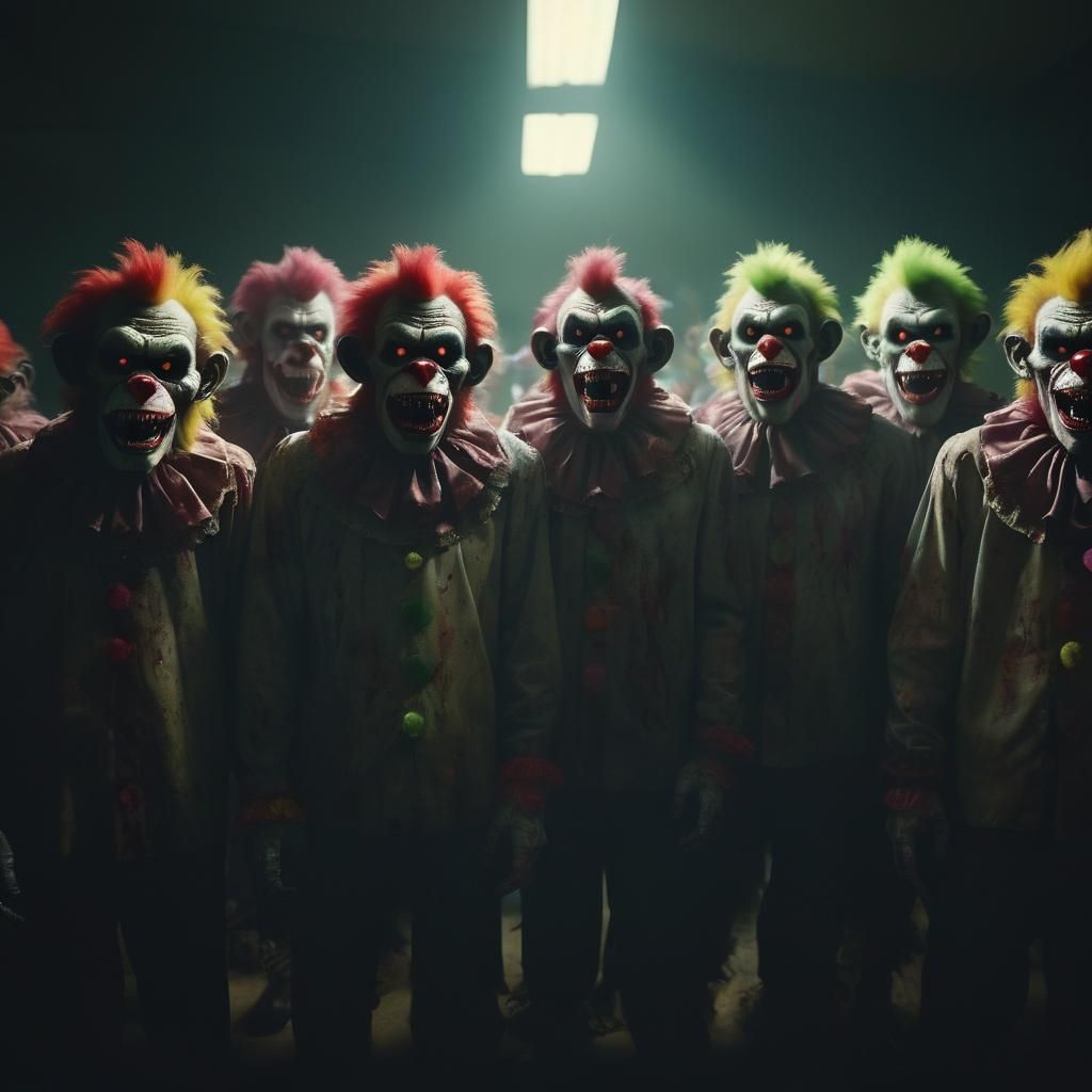 Zombie Monkey Clowns Lineup: Hyper-Realistic Cinematic Still