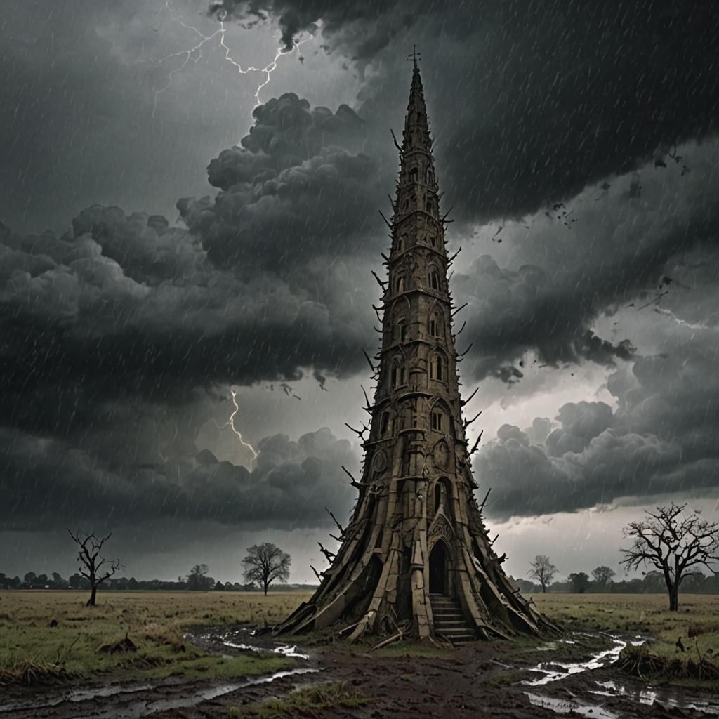 Eerie Stone Spire in Stormy Field: Rutkowski-Inspired Art