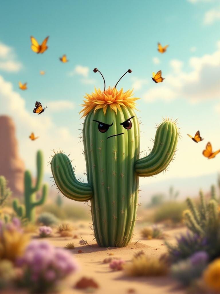 Chibi Butterfly and Angry Cactus in Desert