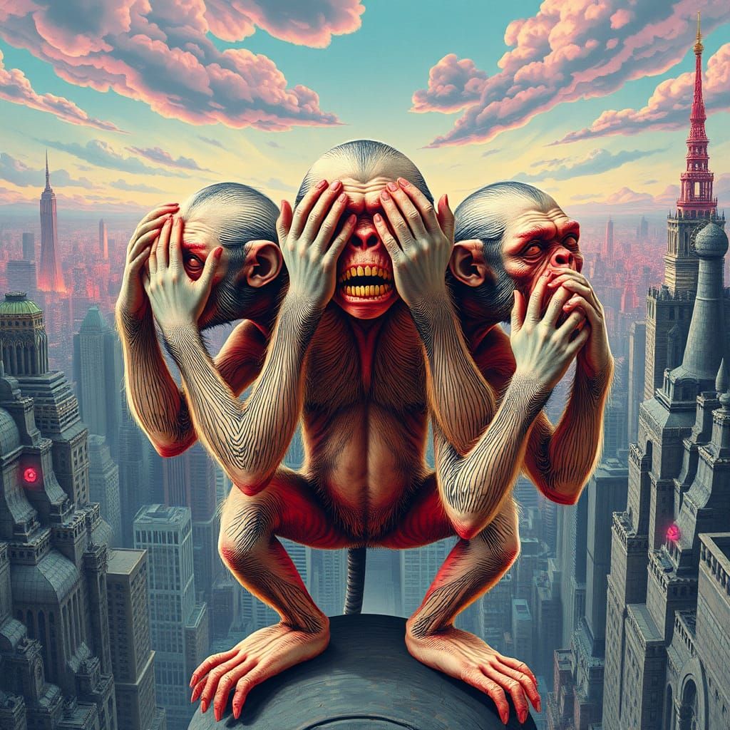 Surreal Three-Headed Monkey in Marshmallowpunk Style