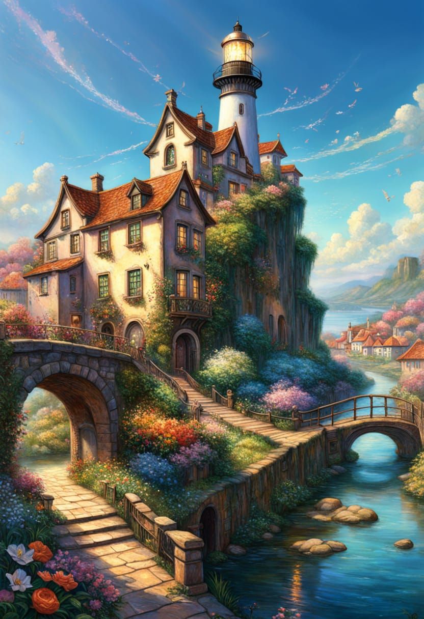 Flowery Town Overlooking Sea View with Bridge