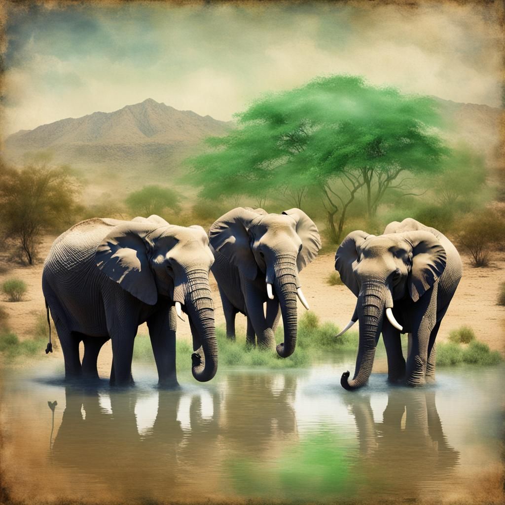 Elephant Herd at Desert Oasis with Greenery