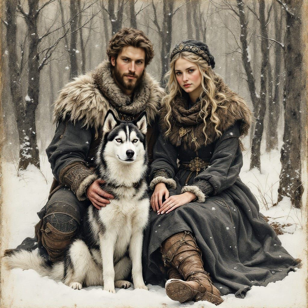 Medieval Couple and Husky in Charcoal Sketch
