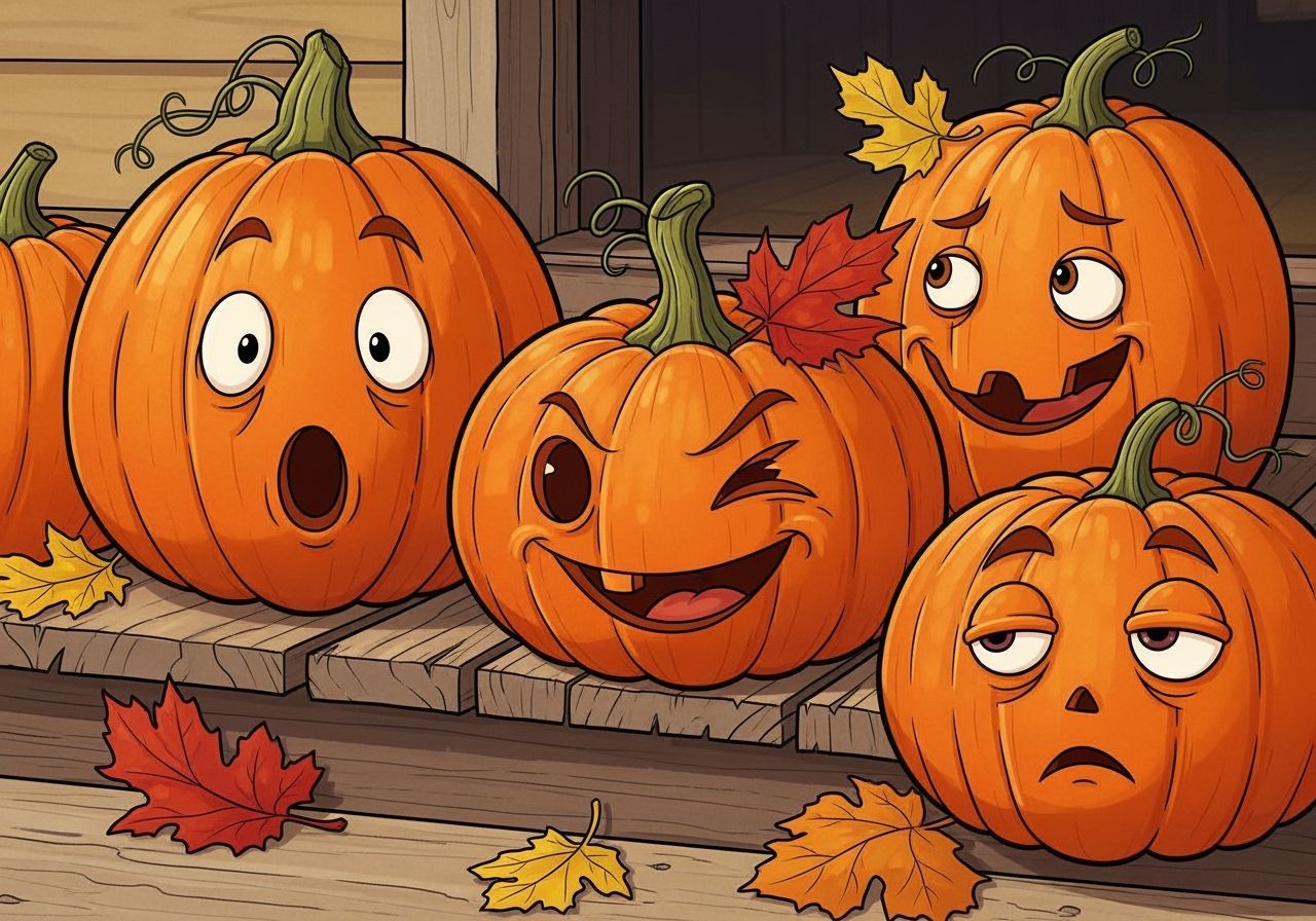 Whimsical Pumpkins with Expressive Faces on Porch