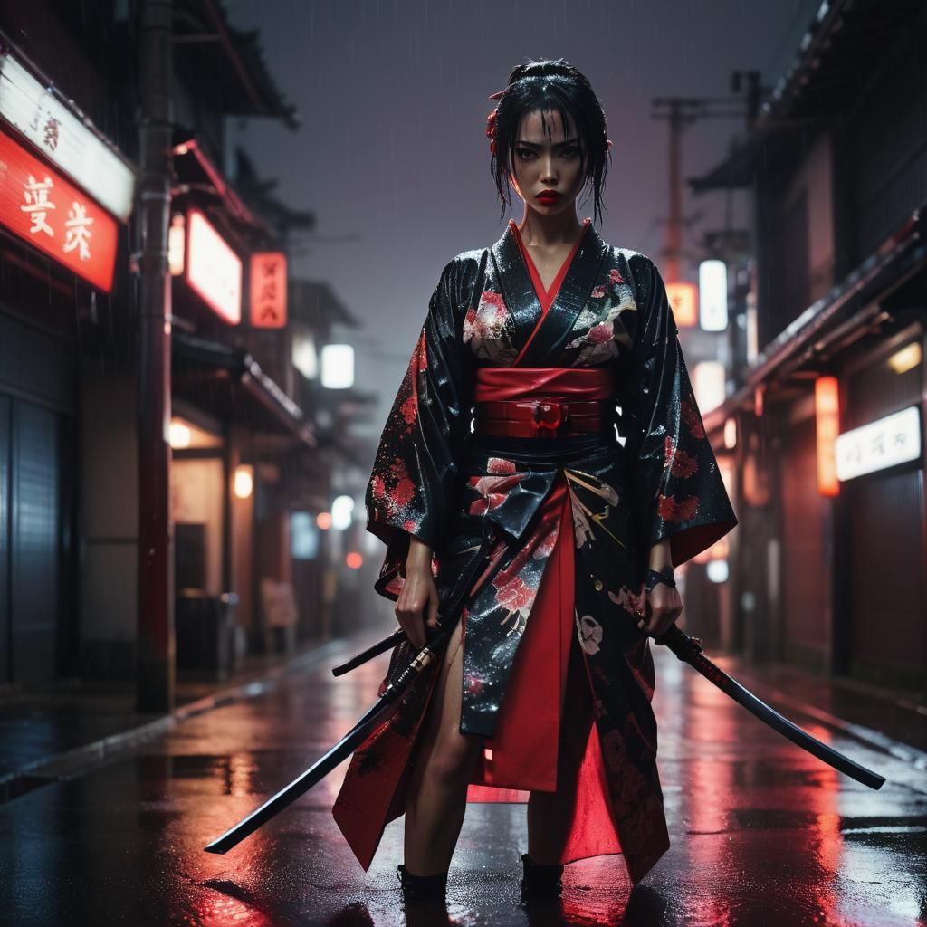 Cyberpunk Lady Assassin in Rainy Cityscape