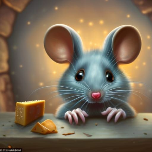Cute Mouse with Shiny Eyes and Cheese Crumbs