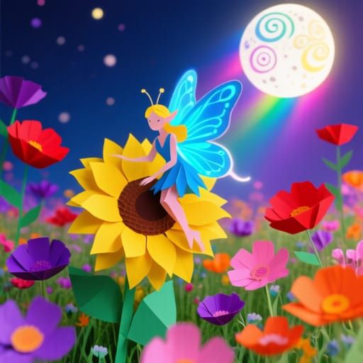 Paper Fairy on Sunflower in Moonlit Field