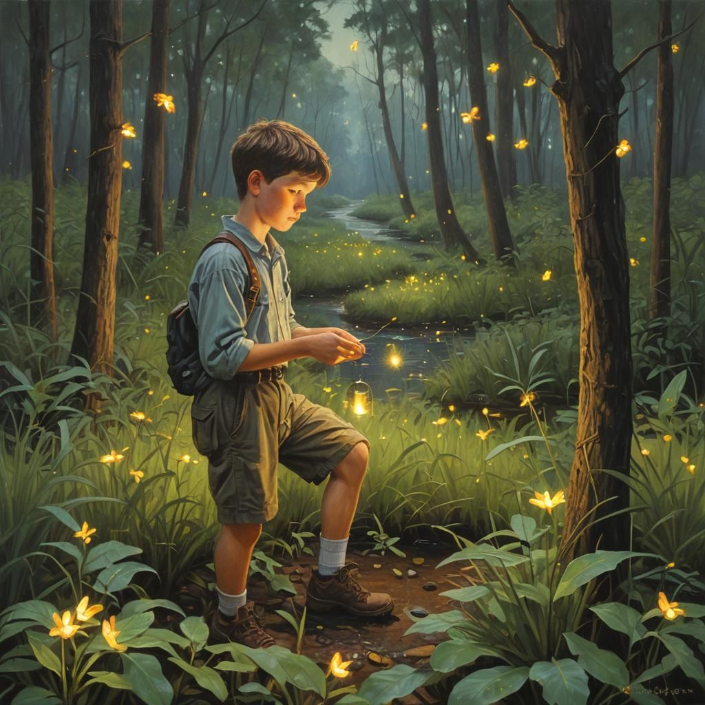Boy Collecting Fireflies: Oil Painting