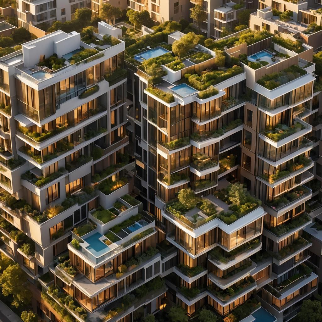Urban Oasis at Sunset: Modern Architecture and Nature