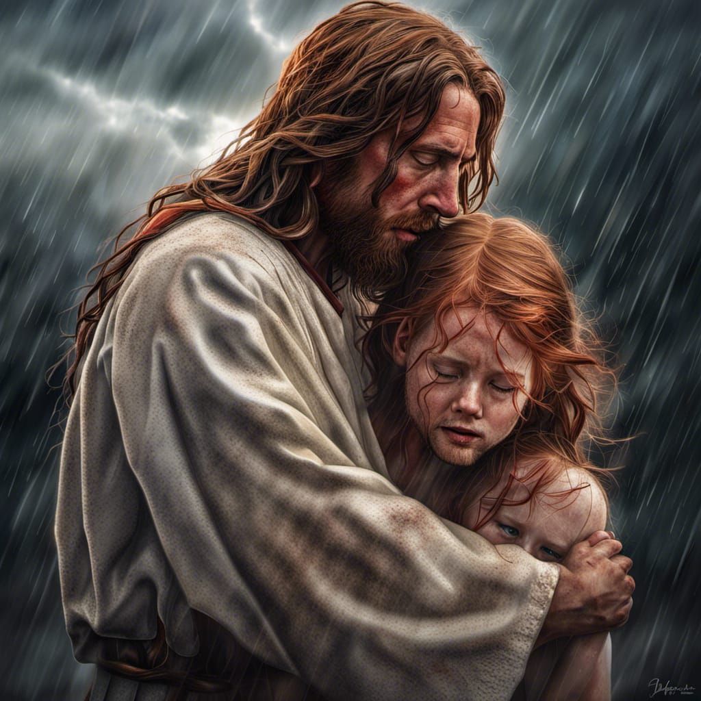 Jesus Comforts Girl During Storm: Hyperrealistic Image
