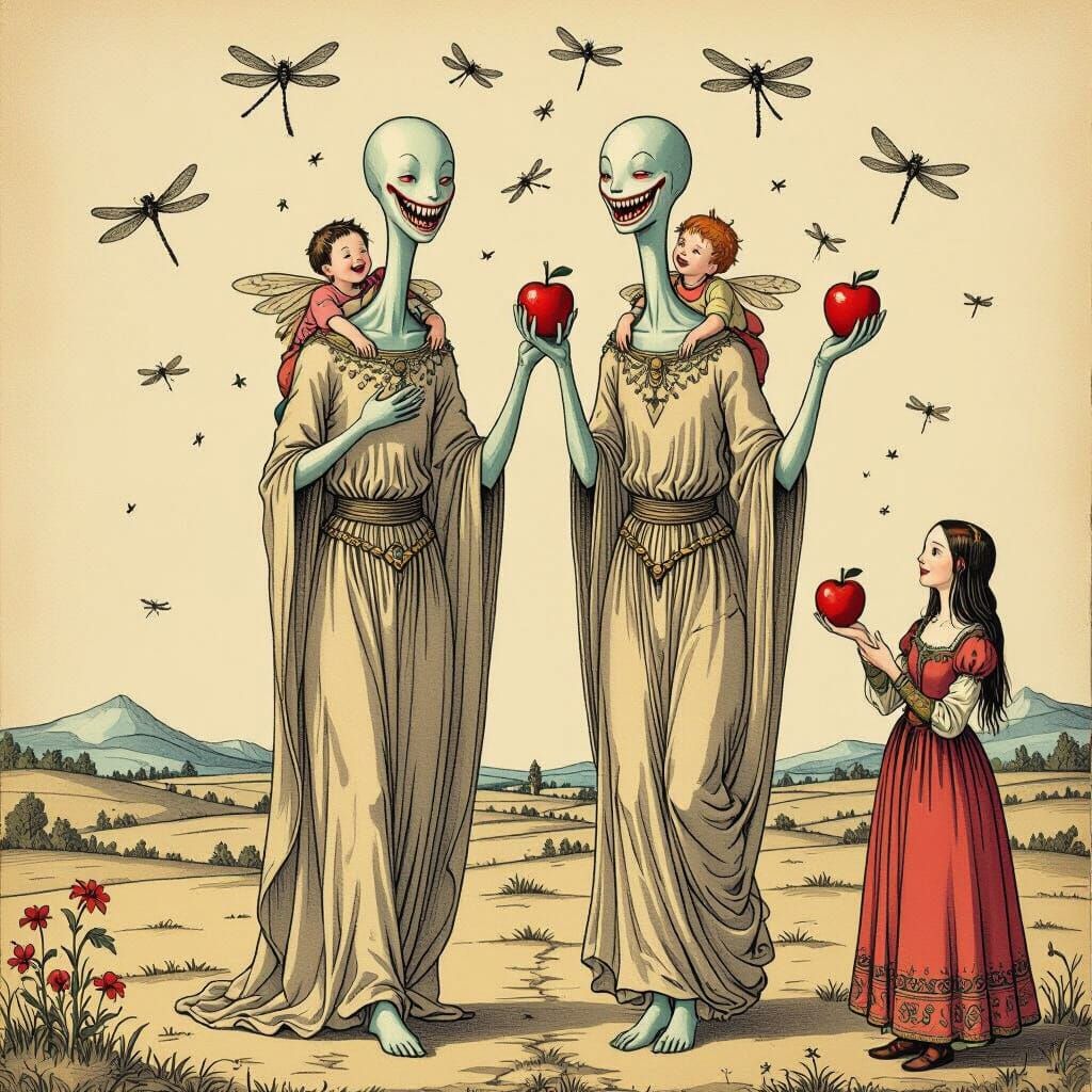 Dürer-esque Figures with Children in Whimsical Landscape