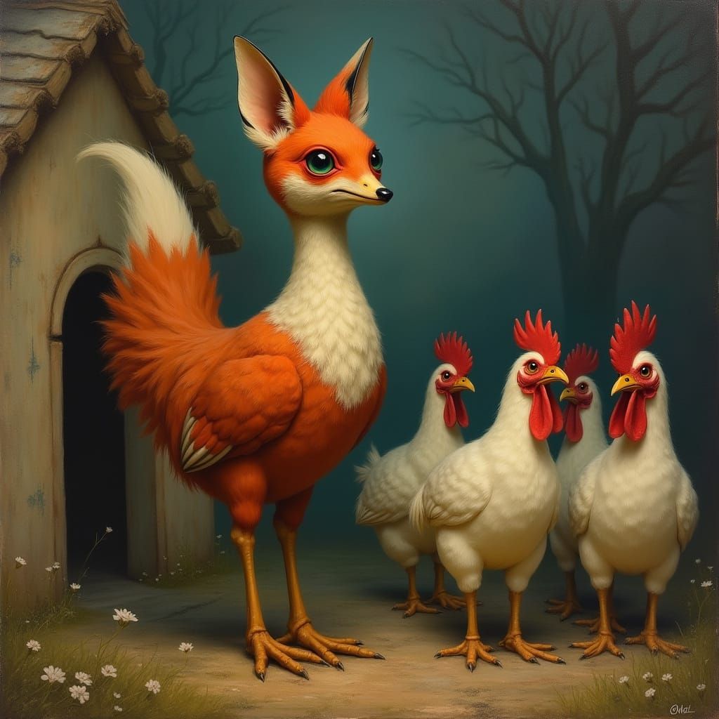 Surreal Fox-Rooster in Henhouse Oil Painting