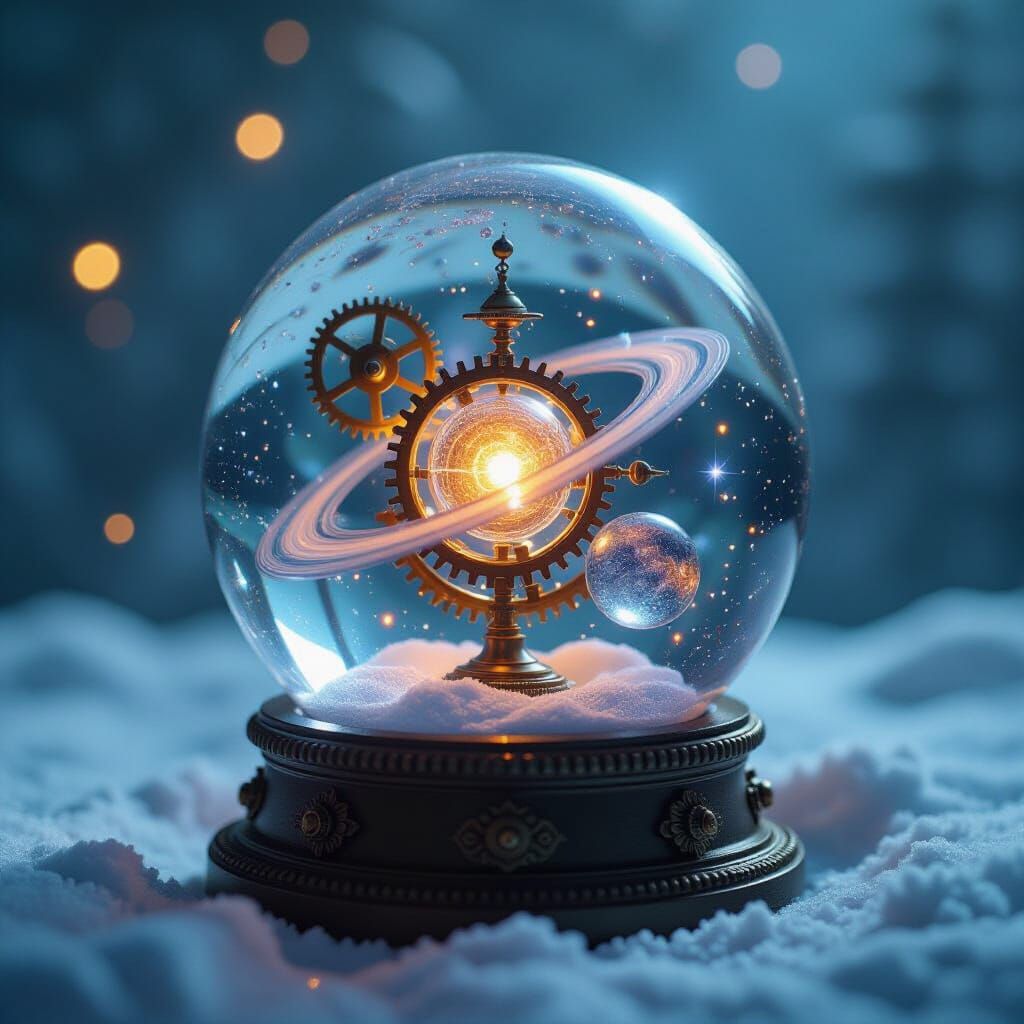 Mechanical Multiverse Snow Globe: Cinematic Film Style