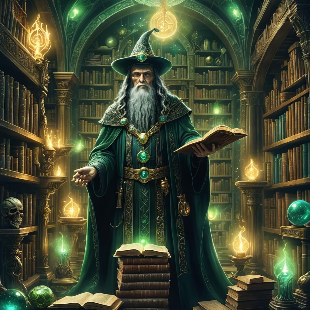 Mystical Wizard in Library: Art Nouveau and Surrealism