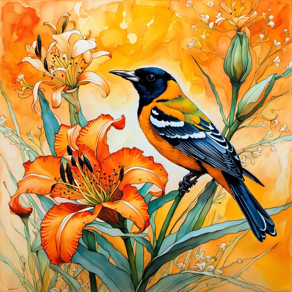 Encaustic Oriole and Lilies Painting with Gold Outlines