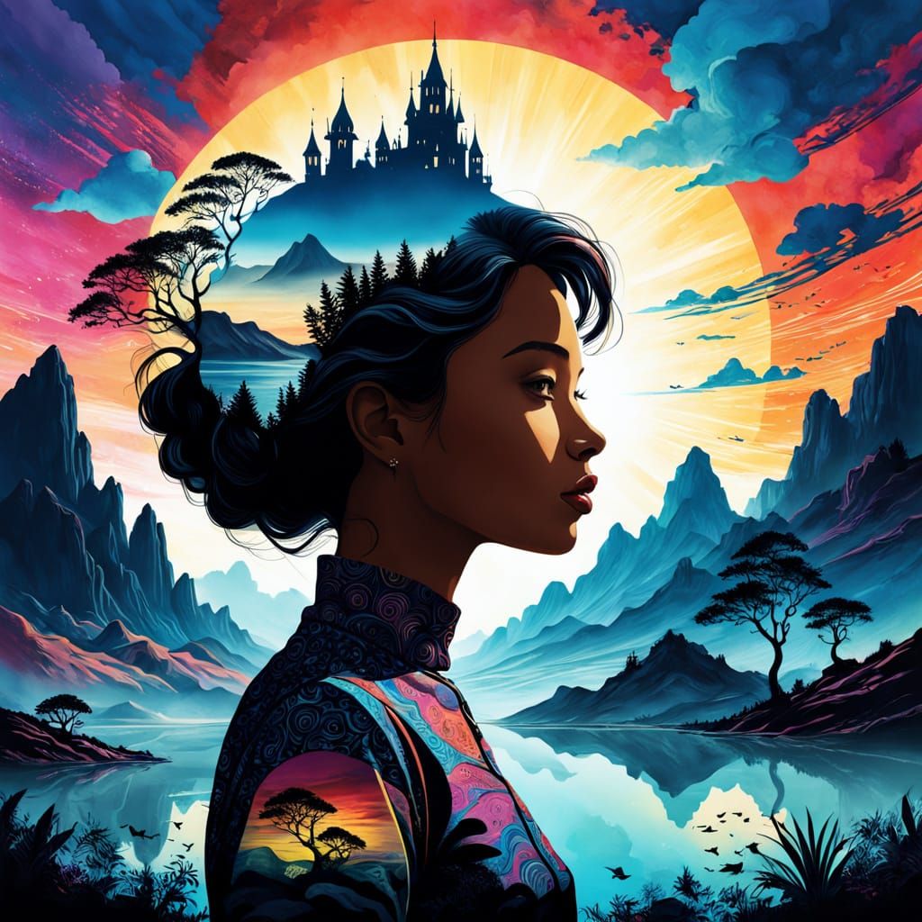 Woman Silhouette Filled with Surreal Landscape and Ethereal ...