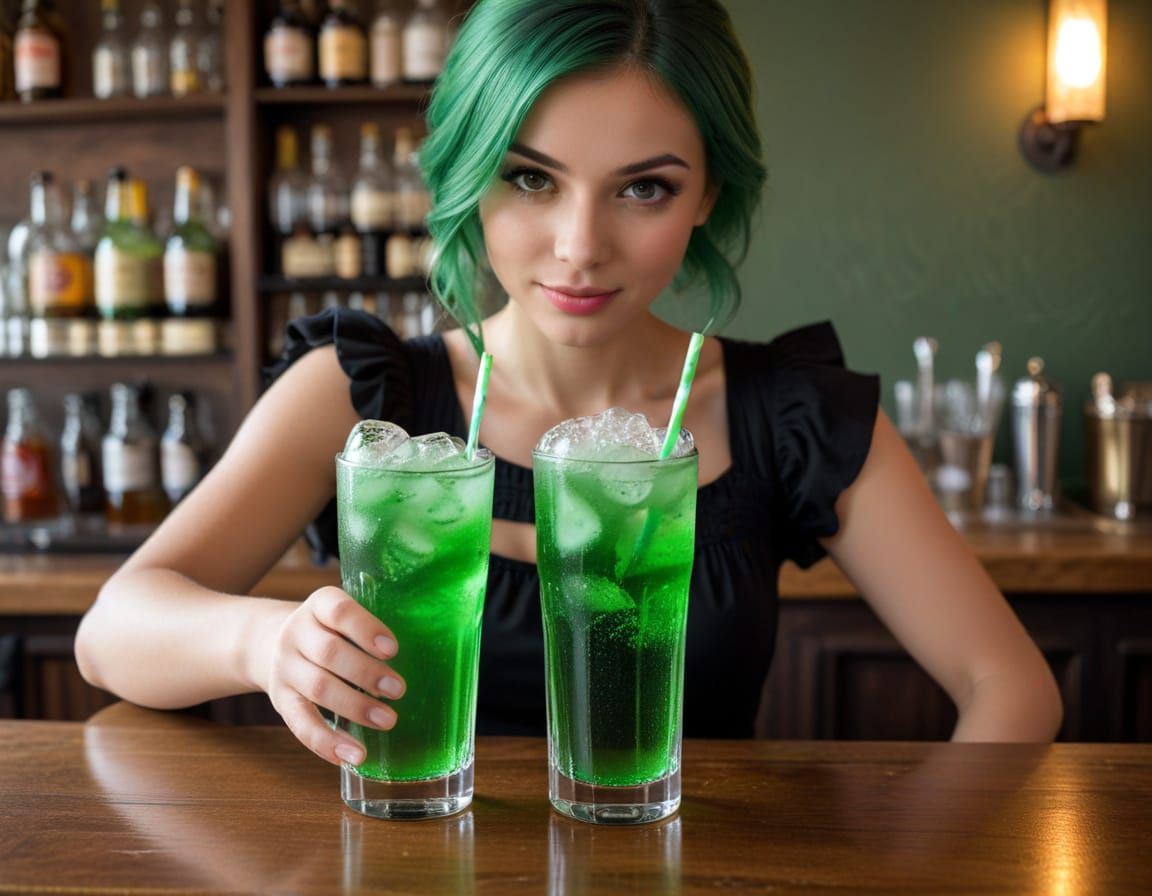 Effervescent Green Soda Barmaid Scene