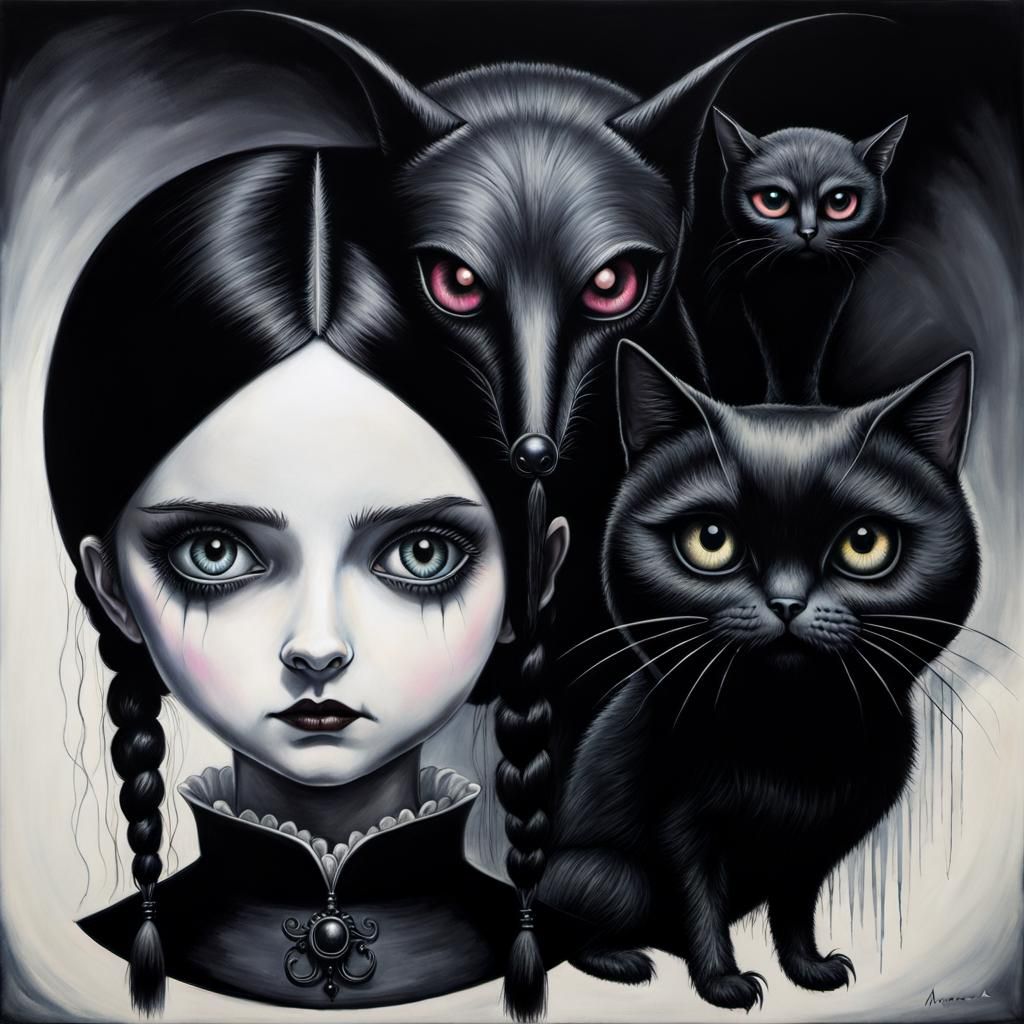 Wednesday Addams: Surreal Gothic Charcoal Portrait