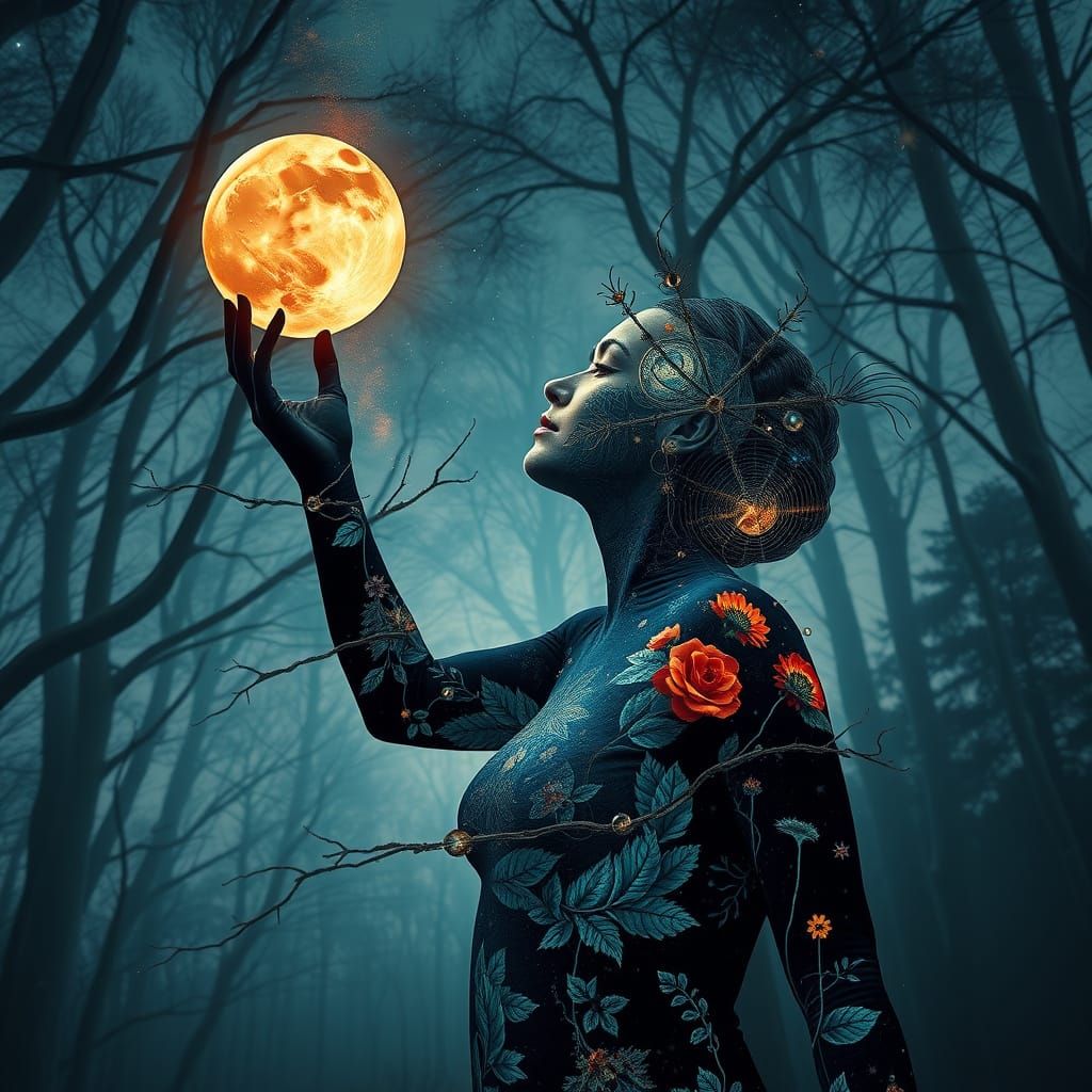 Transhumanist Woman Catches Sun and Moon: Cosmic Surrealism