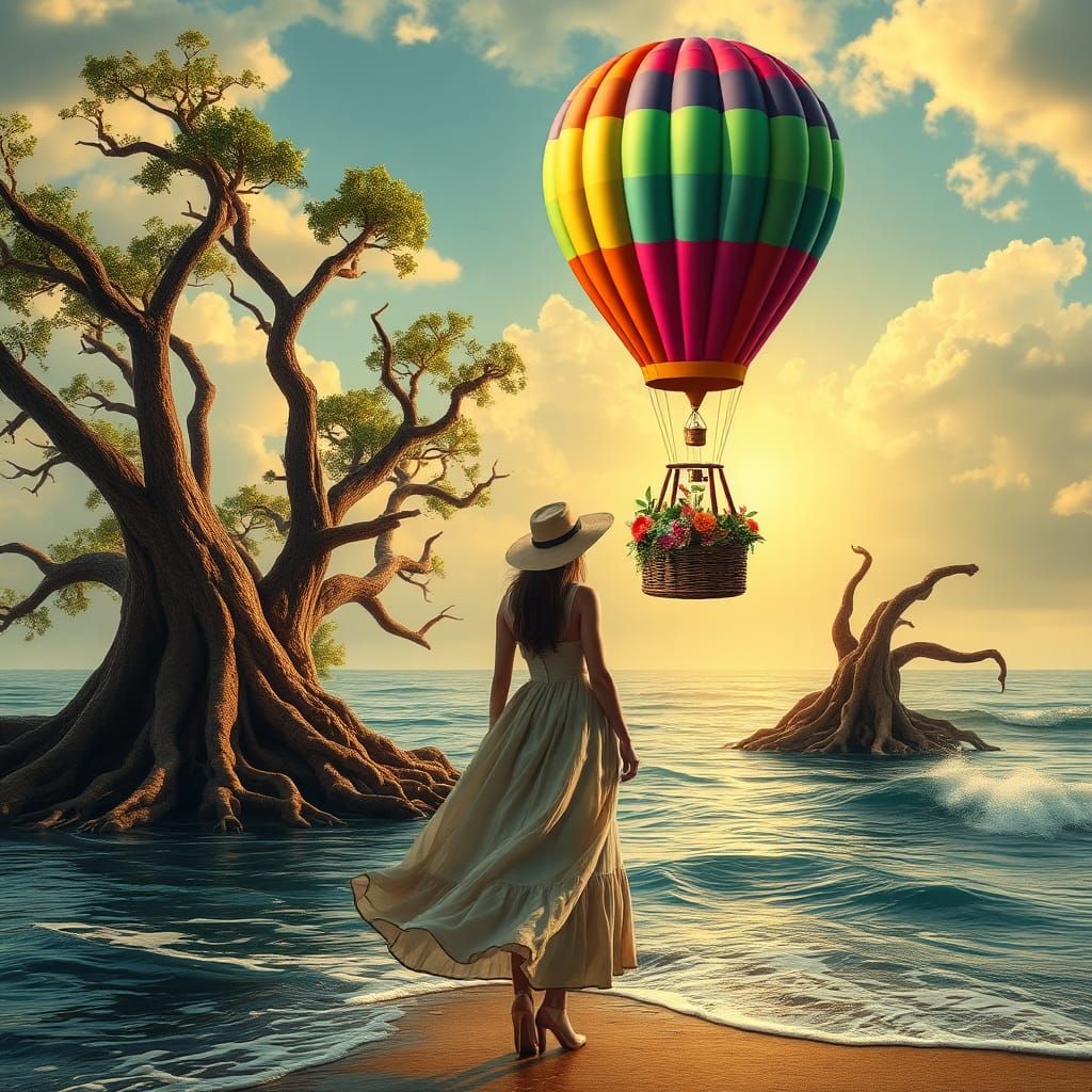 Surreal Ocean Scene with Victorian Woman and Balloon