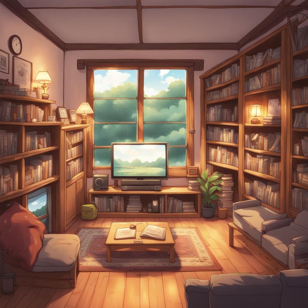Cozy Anime Room with Bookshelf and Nintendo Switch