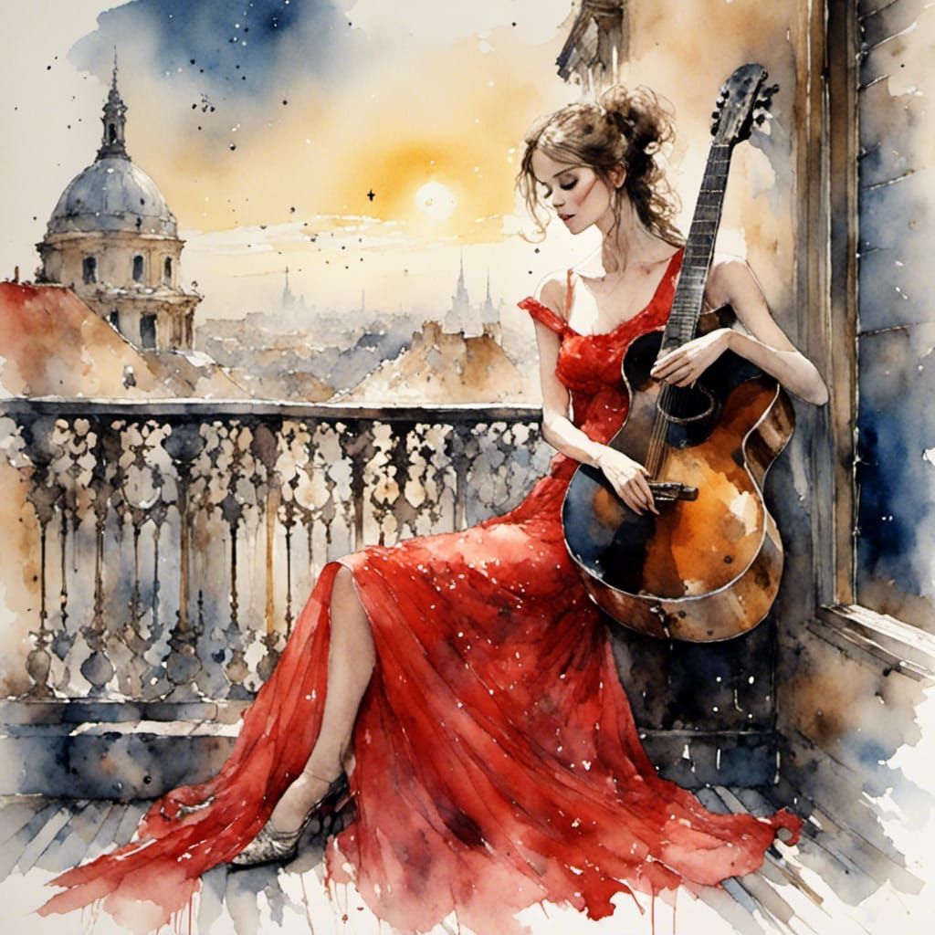 Woman with Guitar in Night, Watercolor Painting