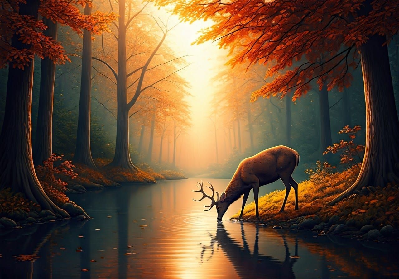 Dreamlike Autumn Forest with Majestic Deer and Golden Light