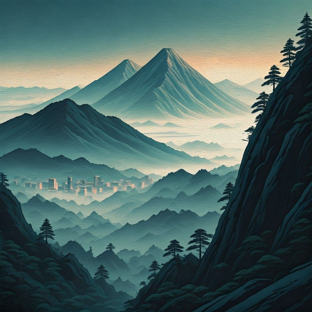 Futuristic Ukiyo-e Mountainscape in Impressionist Style