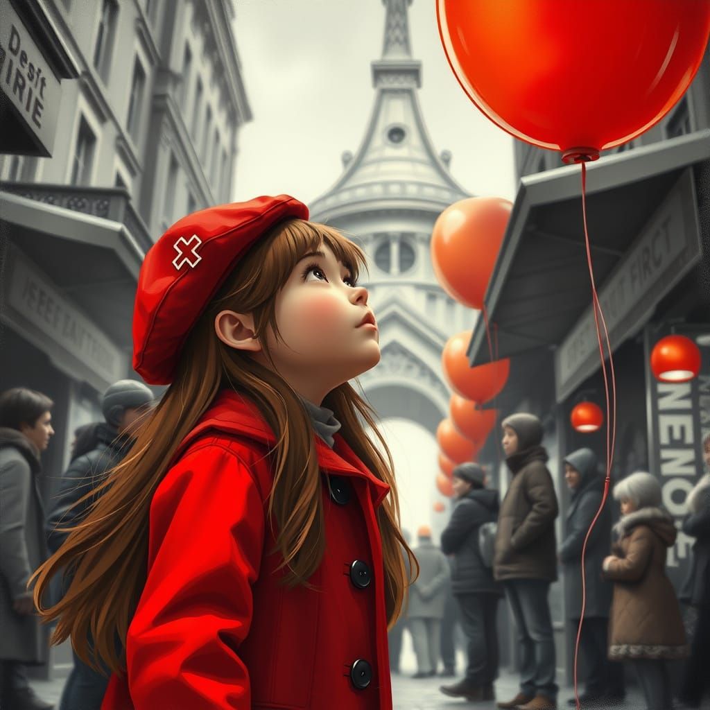 Girl in Bright Red Coat Stands in Whimsical Marketplace Scen...
