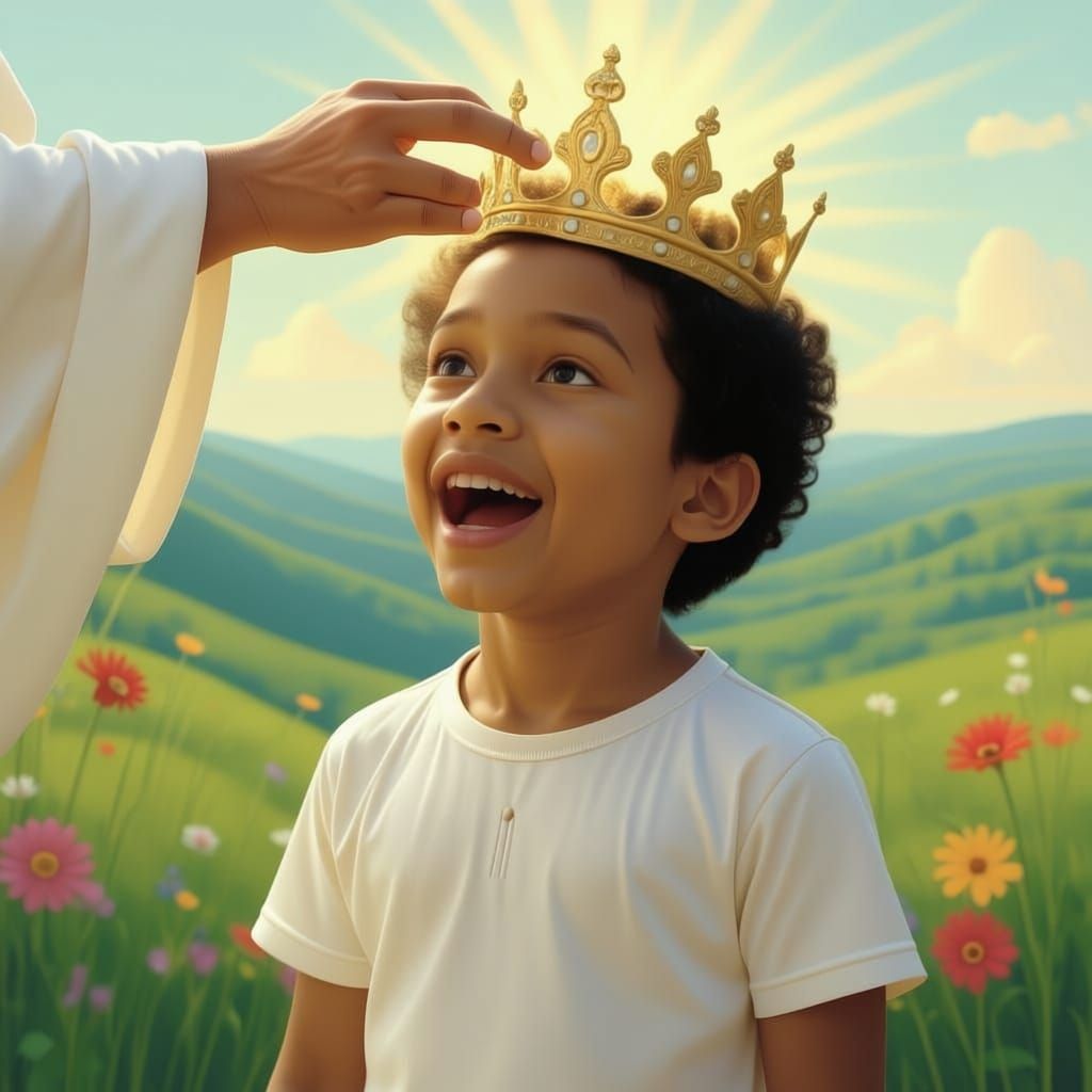 Jesus Crowns Awe-Struck Girl in Lush Landscape