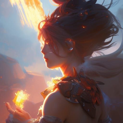 Anime Warrior in Smoldering Fire Lands: Digital Art