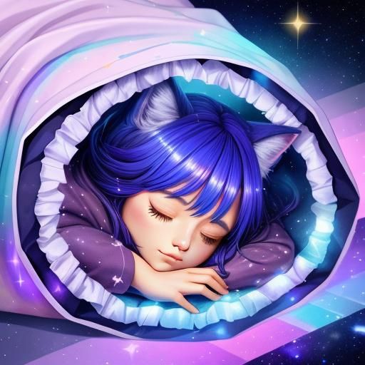 Cute Catgirl Sleeping: Cosmic Astral Illustration