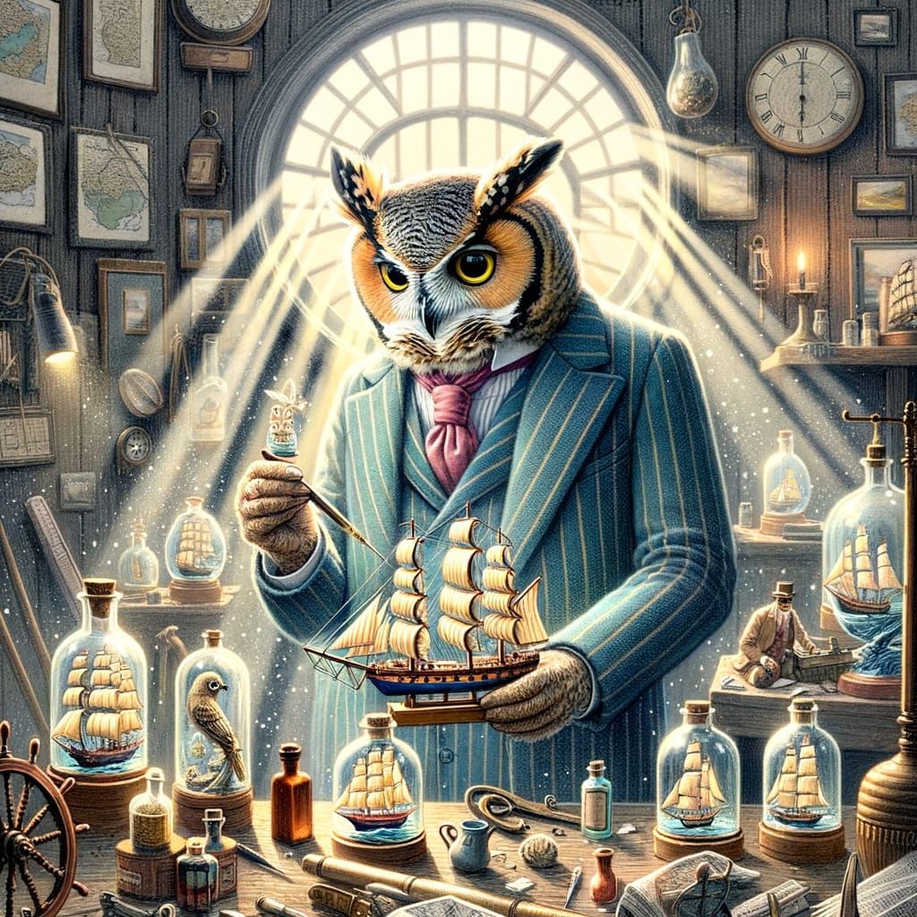 Owl Craftsman Building Ships in Bottles as Watercolor Painti...