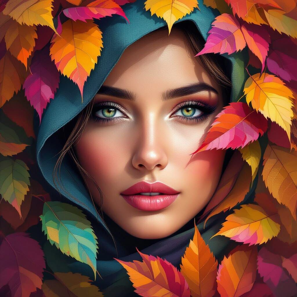 Veiled Woman Portrait in Multicolored Autumn Leaves