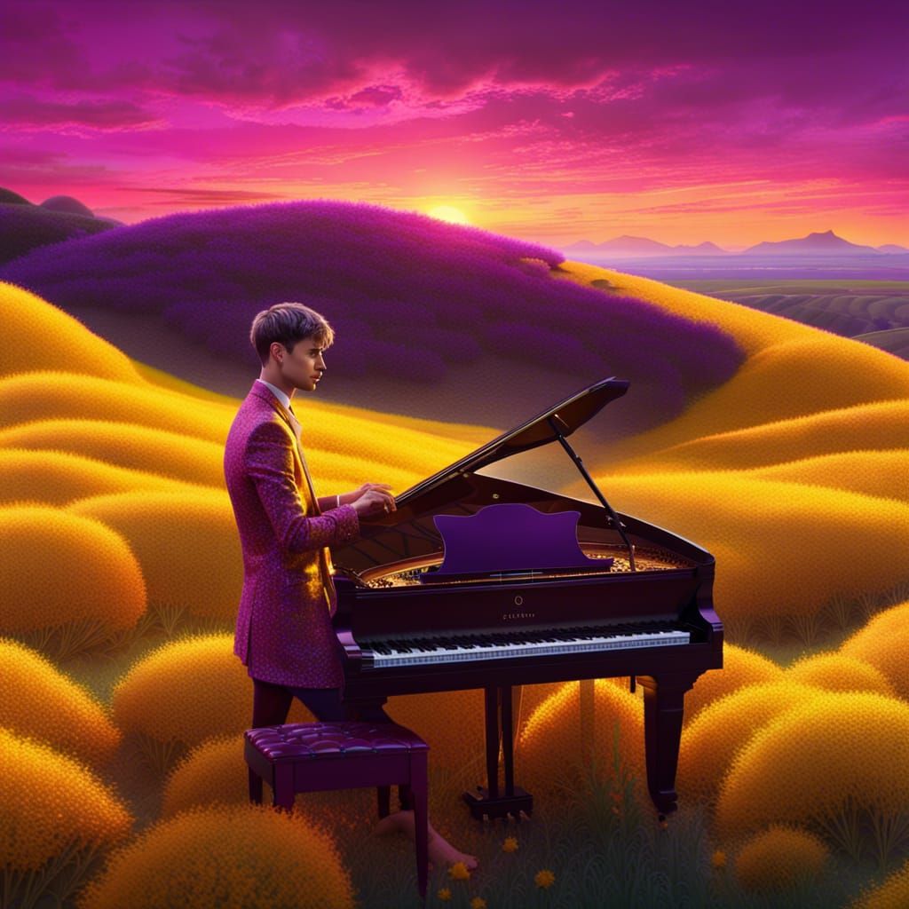 Piano Player in Lavender Field at Sunset