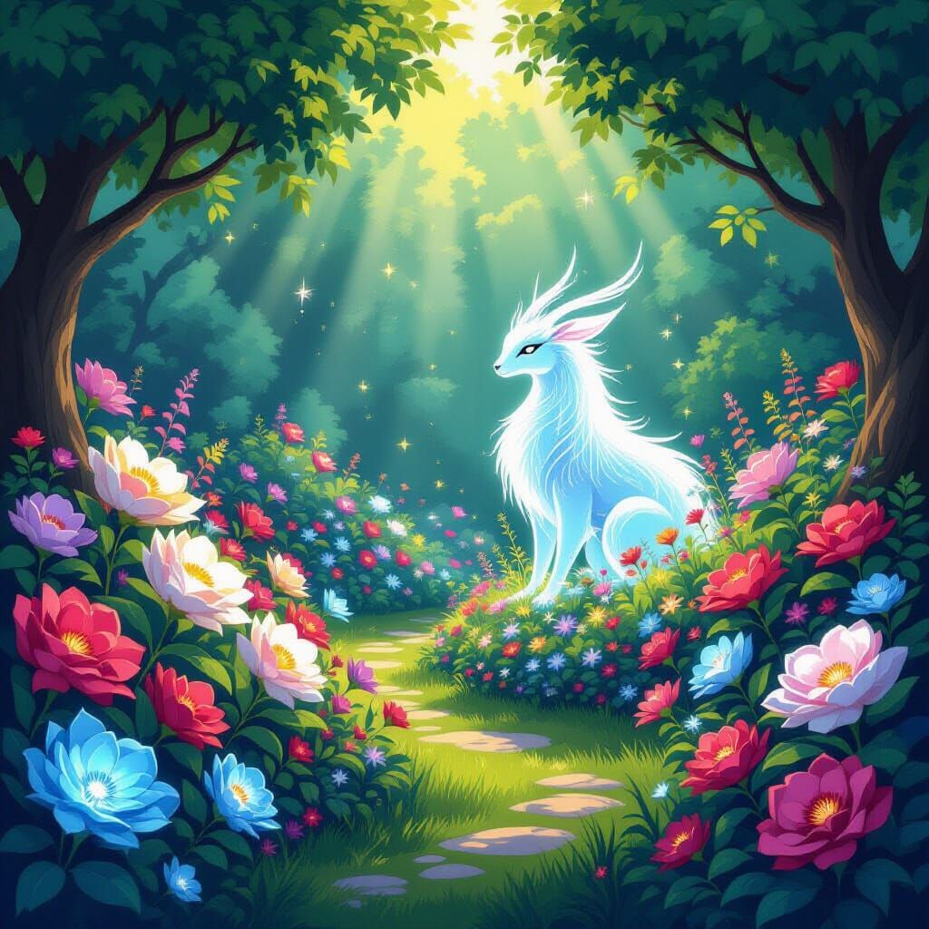 Enchanted Garden with Luminous Flowers and Mythical Creature