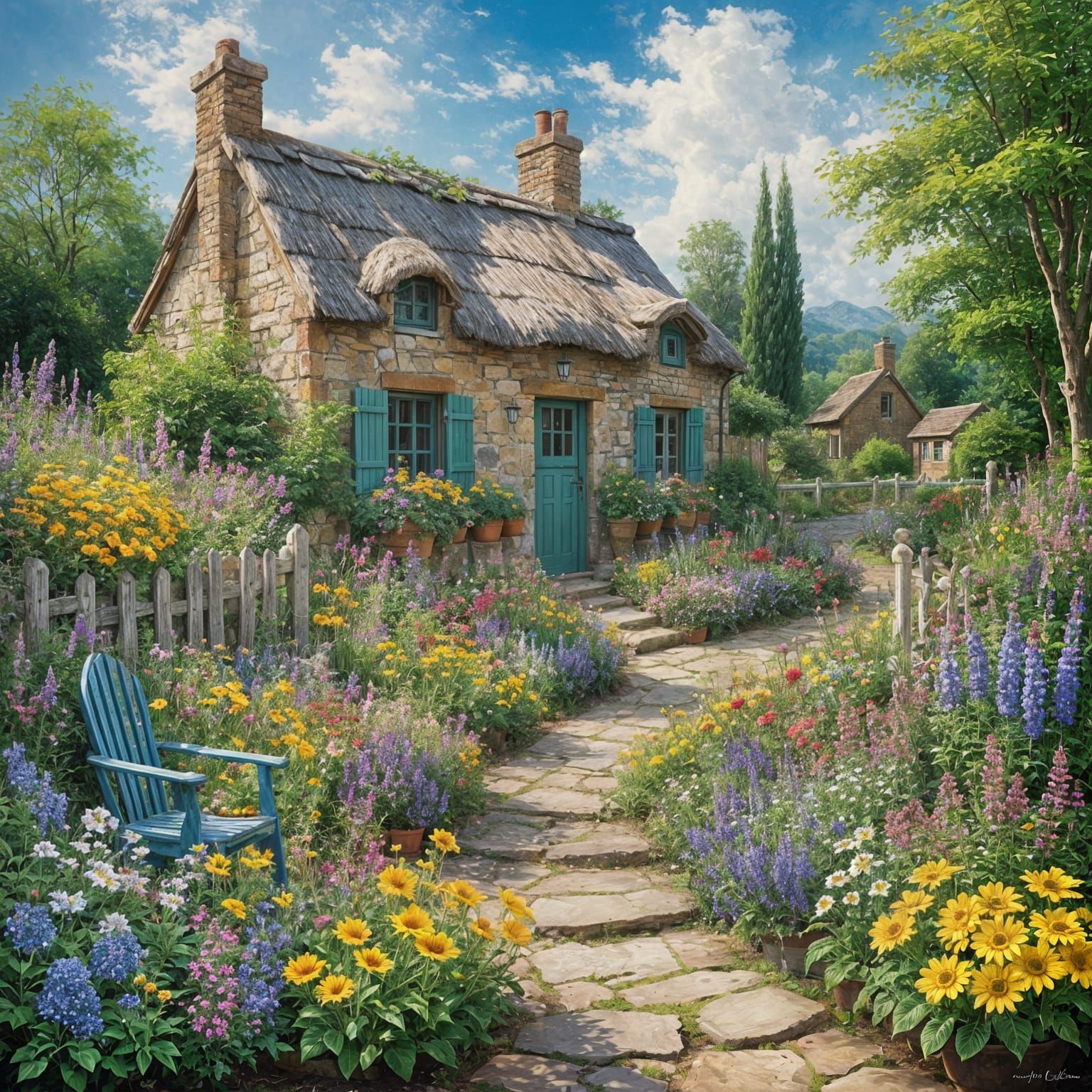 Vibrant Garden Path with Whimsical Touches in Oil on Canvas