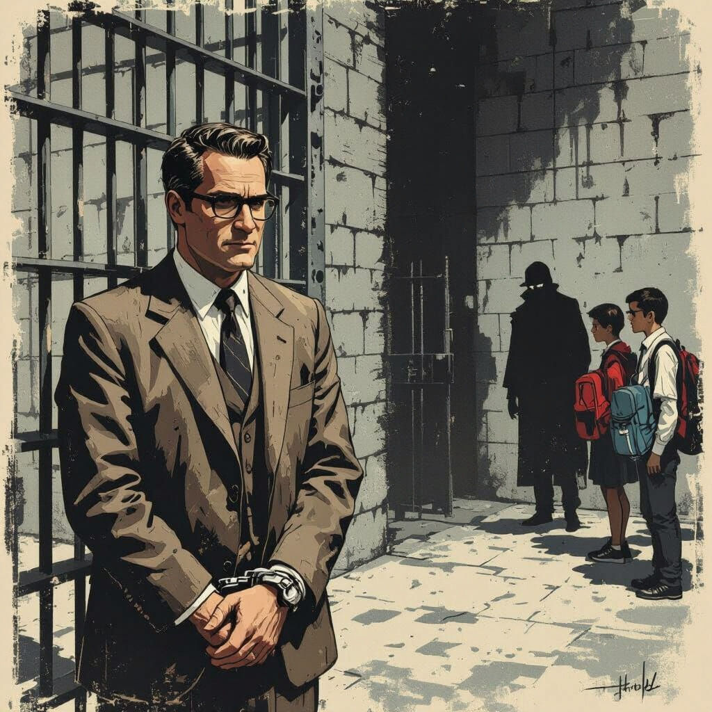 Film Noir Poster of Teacher in Jail, Students Waiting