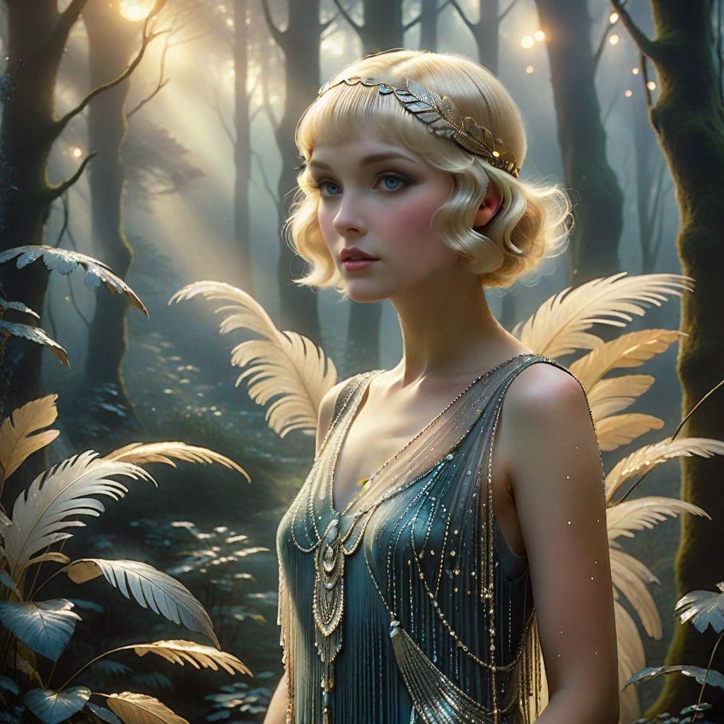 Ethereal Flapper Girl in Whimsical Fantasy Landscape