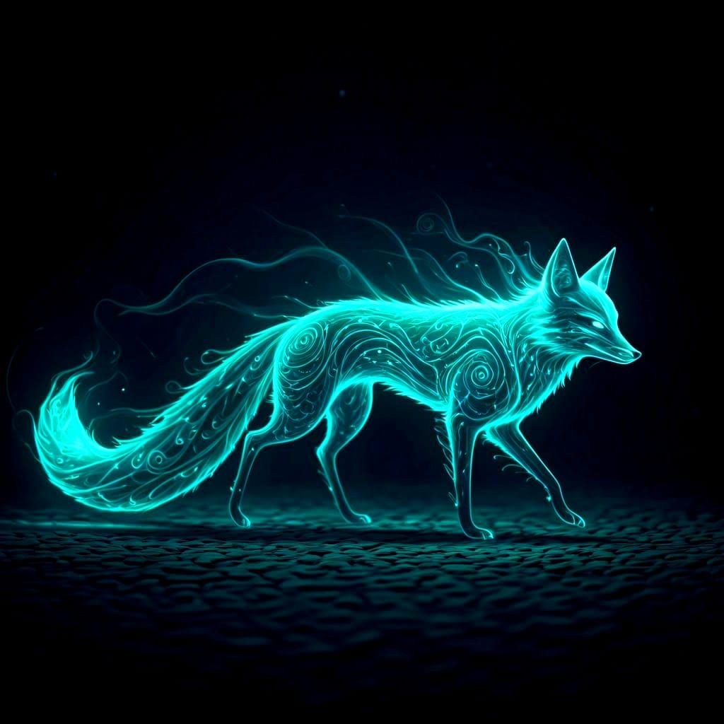 Glowing Teal Kitsune in Cinematic Lighting