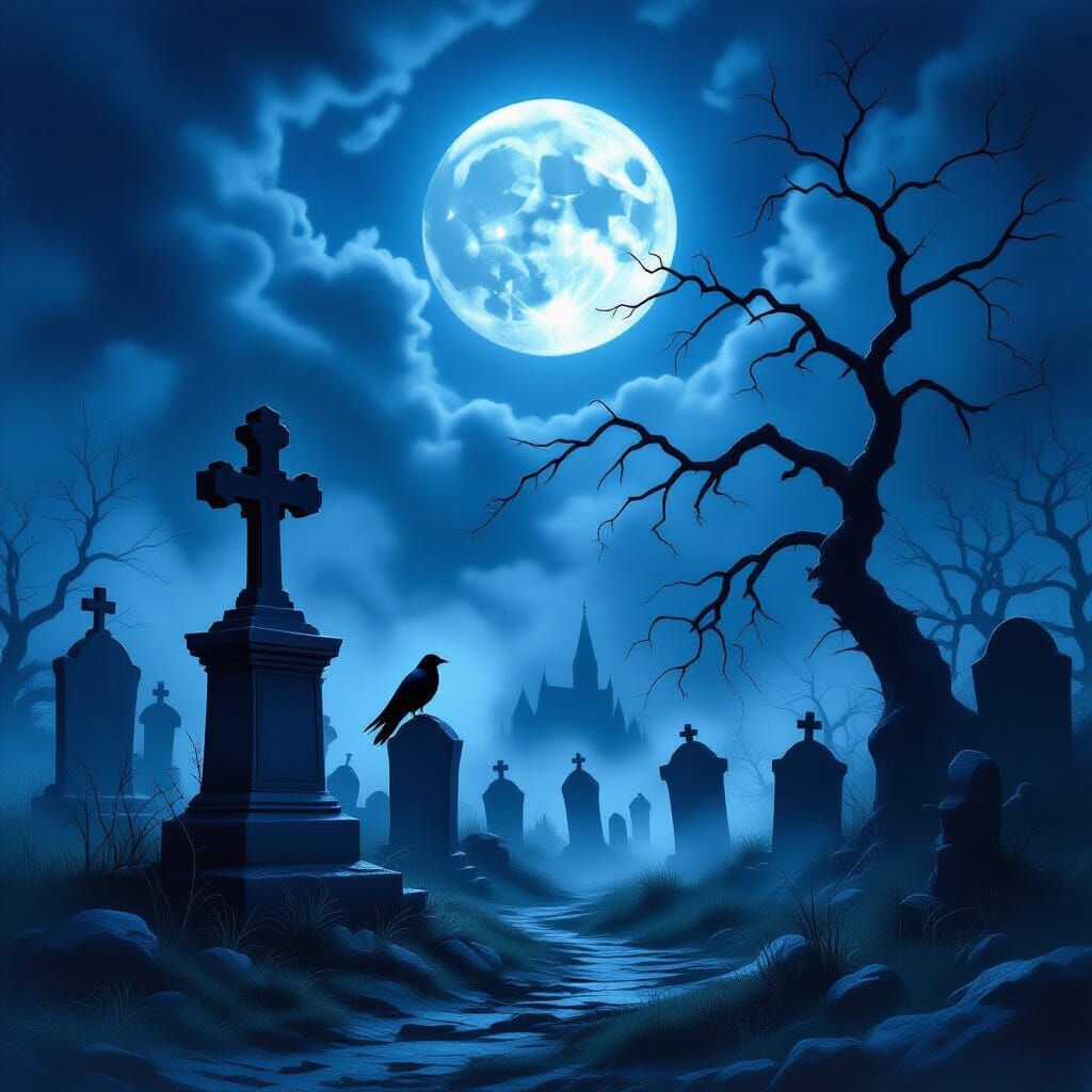Ethereal Moonlit Graveyard with Ghostly Mist