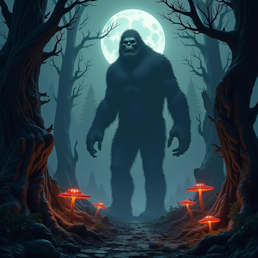 Bigfoot in Moonlit Forest: Fantasy Concept Art