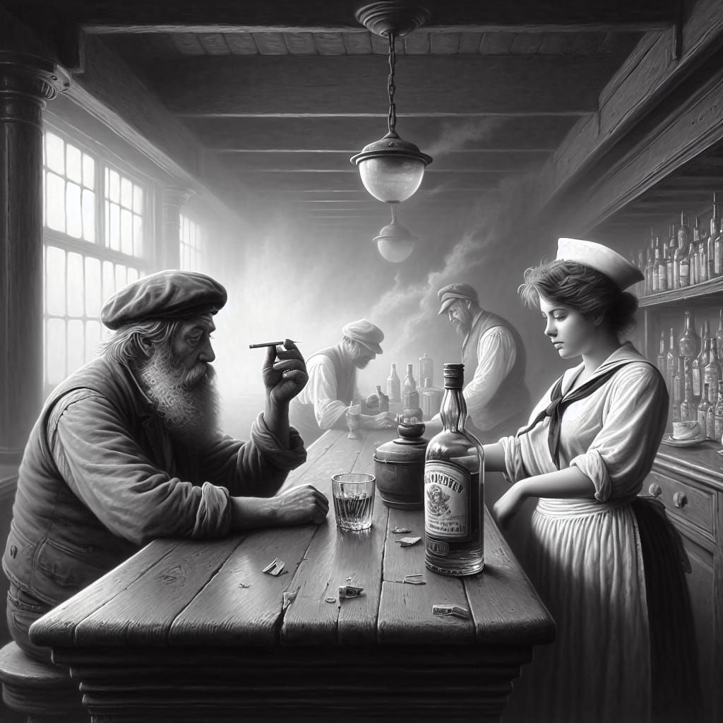 Monochromatic Harbor Bar Scene as Oil Painting