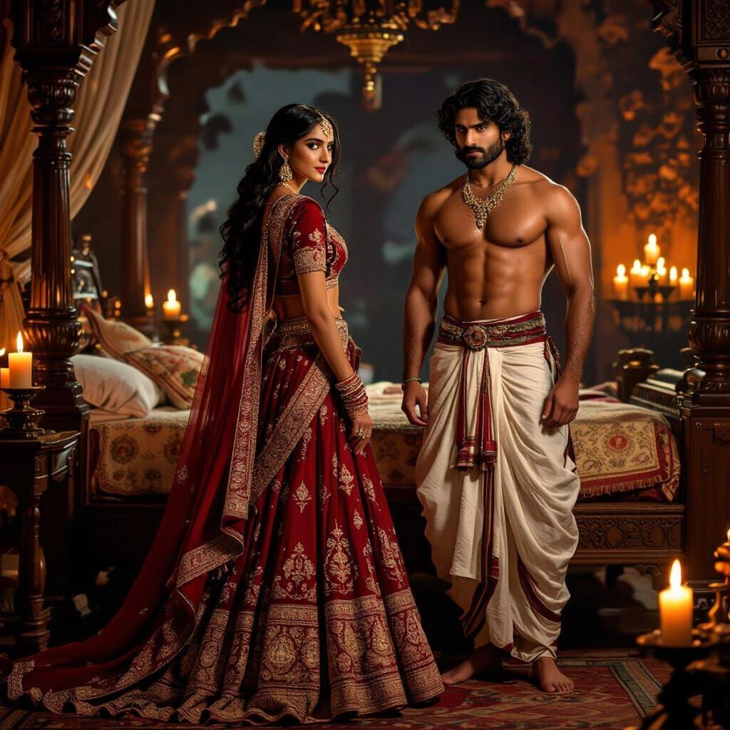 Indian Princess in Red Lehenga Beside Prince