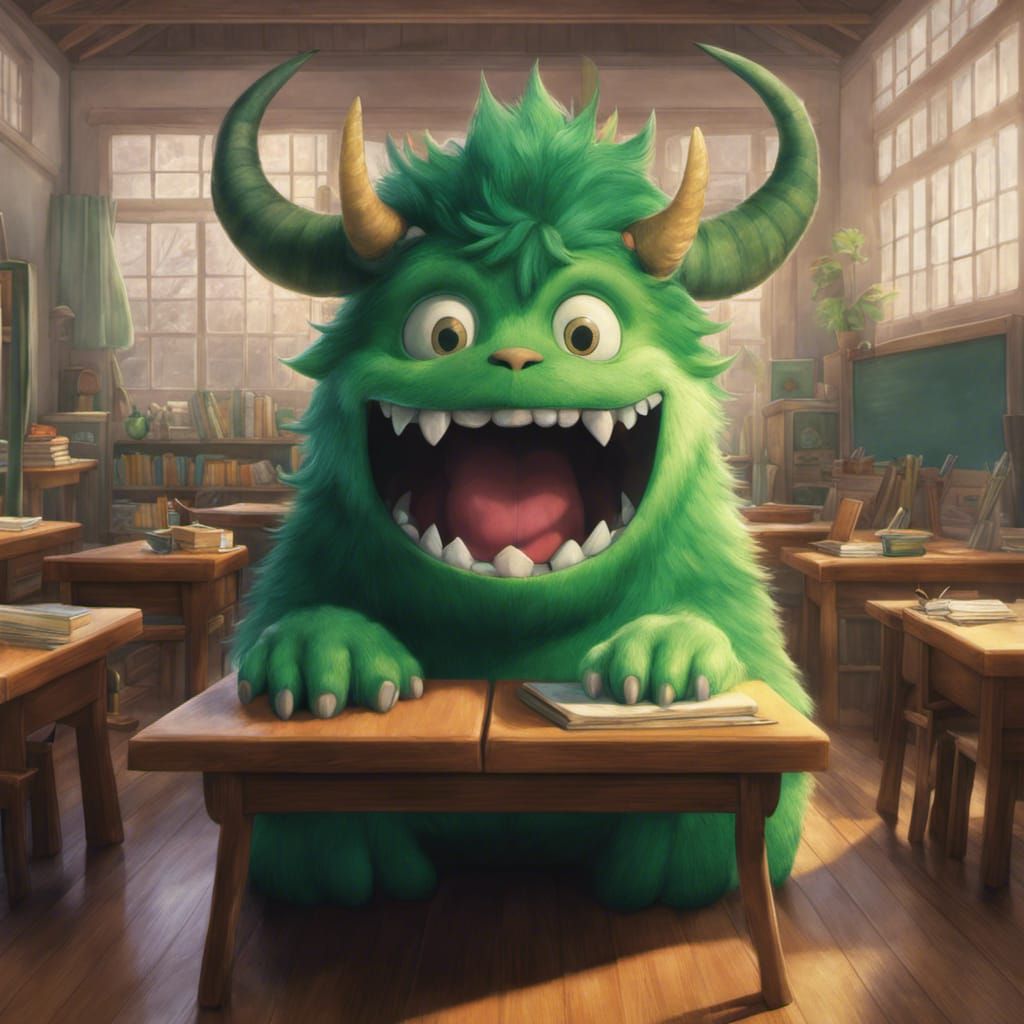 Cute Green Monster's First Day at School in Ghibli Style