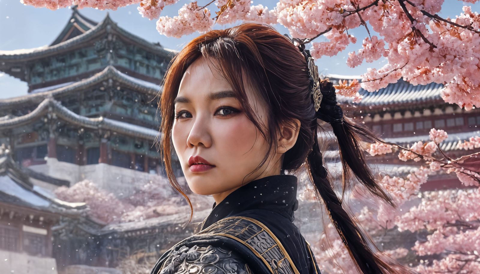 Korean Warrior Portrait with Palace, Digital Art