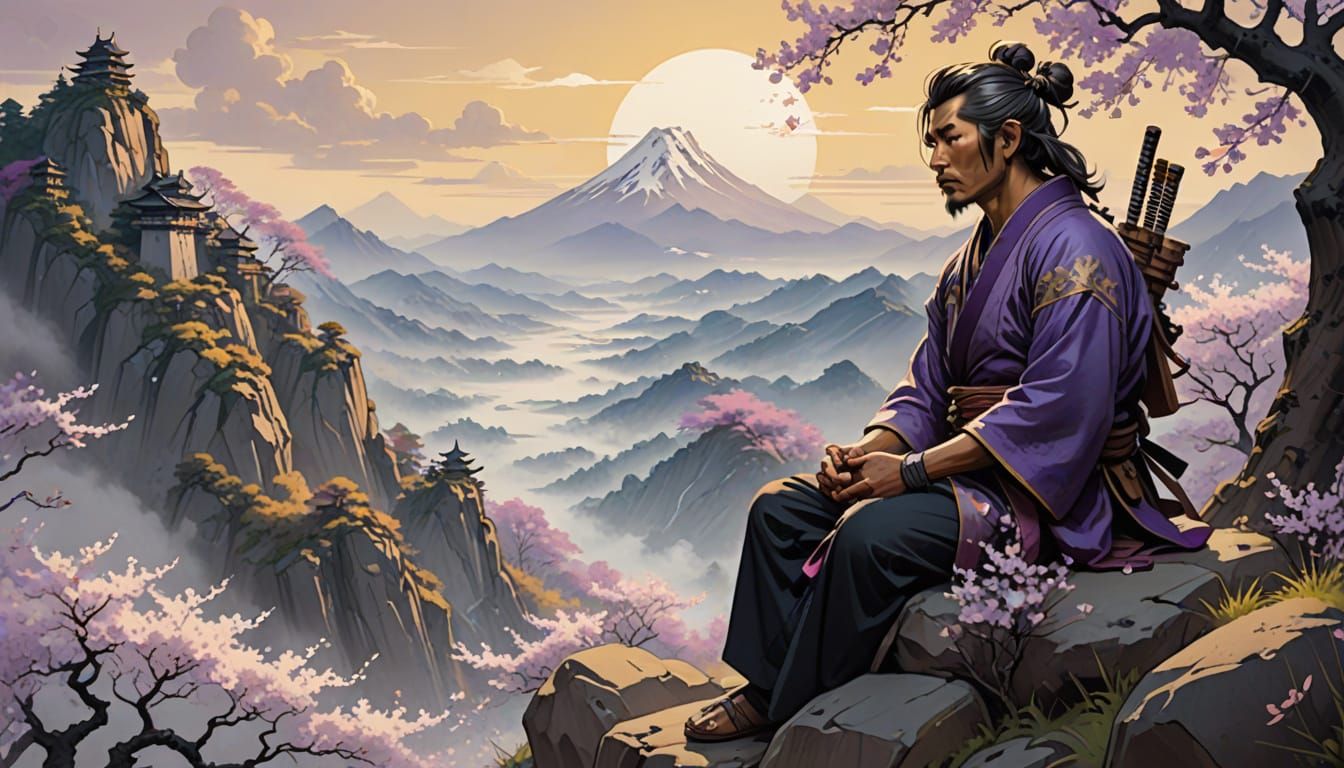 Meditating Samurai in Sumi-e Ink Wash Style