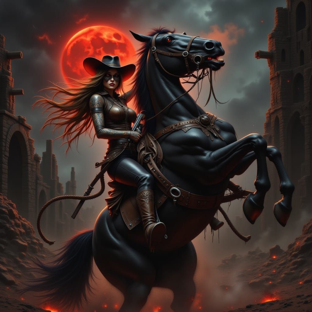 Dark Fantasy Zorro Cowgirl with Rearing Horse