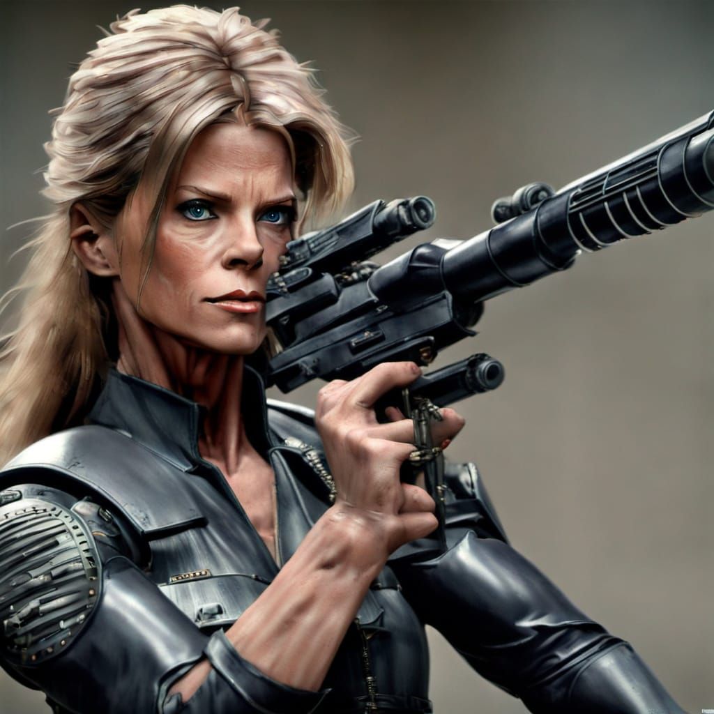 Linda Hamilton as a sophisticated T-800 Terminator humanoid ...